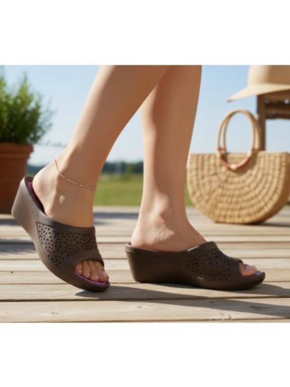 Brown and Pink EVA Wedge Slide Sandals Ladies Size 8